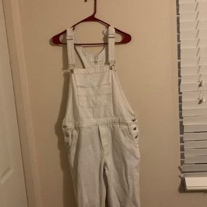 White and tan denim overalls